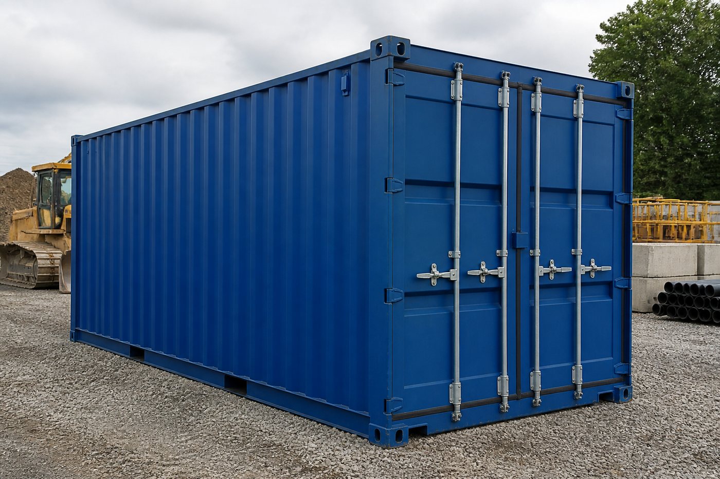 Representative 20-foot steel shipping container at an American construction site