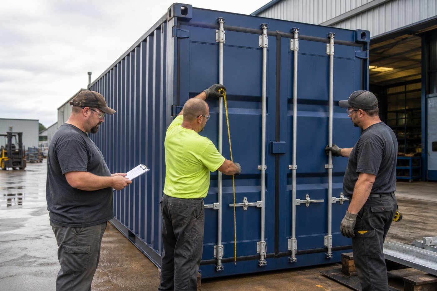 Representative workers comparing steel shipping container dimensions