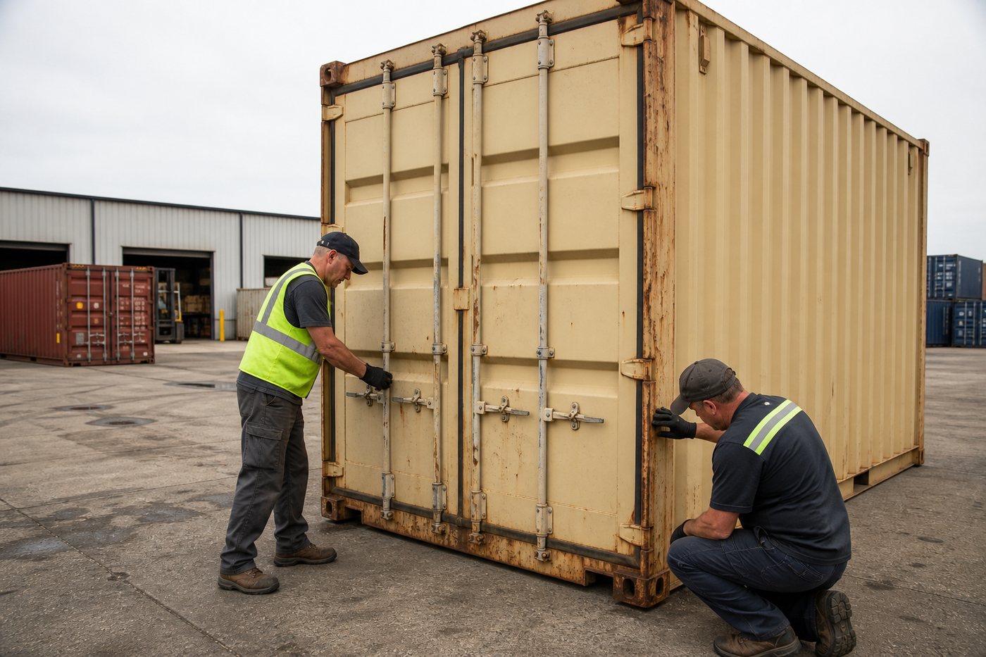 Representative American container workers inspecting a used steel shipping container